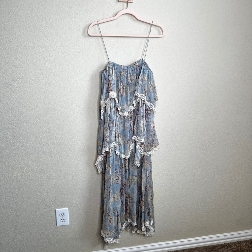 Zara Floral Tiered Maxi Dress Blue Lace Trim Paisley Boho Spaghetti Strap Small - Picture 7 of 10